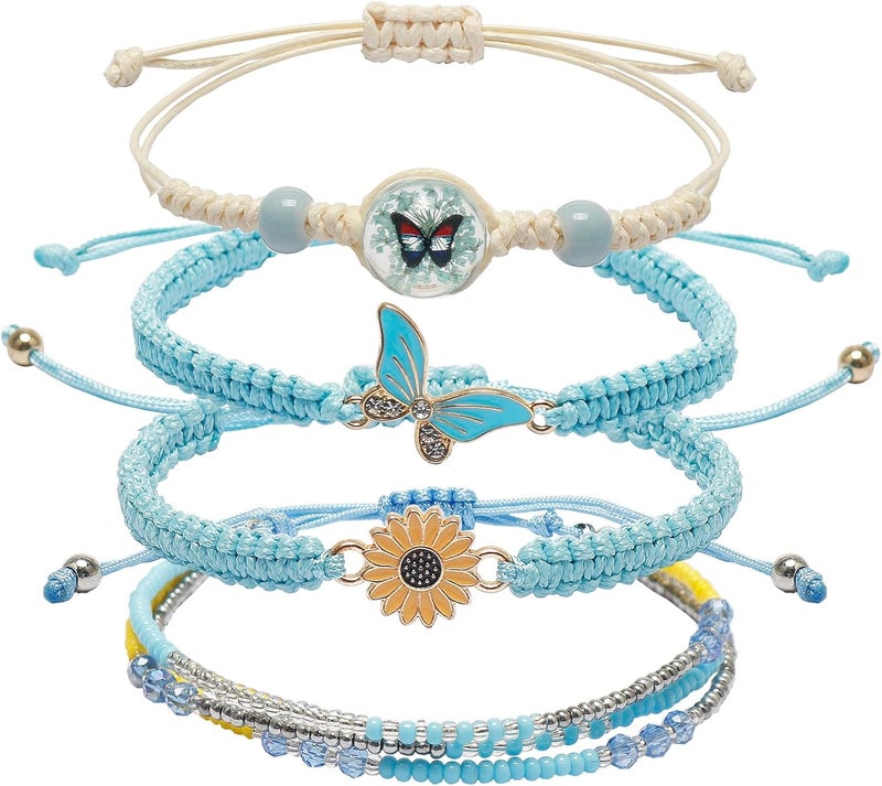 DS 4 قطع أساور خرز مزخرفة للفتيات المراهقات، لطيفة ورقيقة، كرتونية، فراشة، ديزي، أزهار أبدية، مجموعة أساور خرز للنساء والفتيات، سوار قابل للتعديل والتمدد، هدية عيد ميلاد للأصدقاء - Image 1